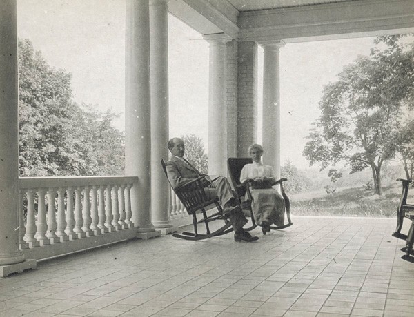 Orville and Katharine Wright on the front porch of Hawthorn Hill.