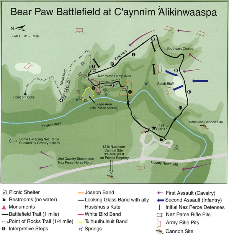 A diagram of the Battle of Bear Paw with modern-day landmarks.