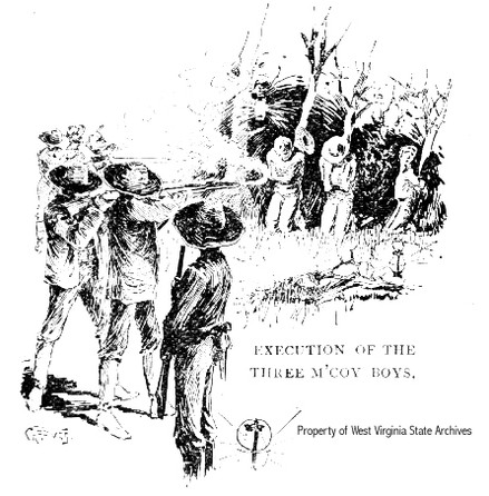 Drawing of the execution of the Randolph "Bud" Jr., Pharmer, and Tolbert McCoy by Hatfields