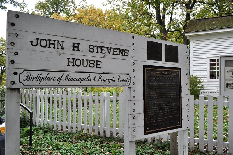 The sign outside the John H. Stevens House, "Birthplace of Minneapolis and Hennepin County"