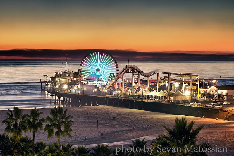 The Santa Monica Pier at night. 