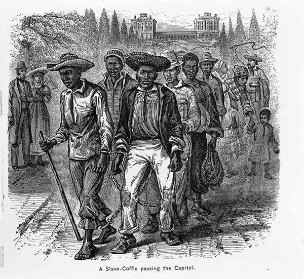 This image from the 1830s shows slaves passing by the nation's capitol on their way to be sold at one of the city's slave markets.