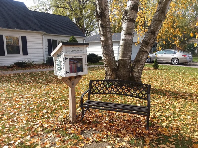 Little Free Library and Bench located at 205 Davidson Street in Madison, WI.
