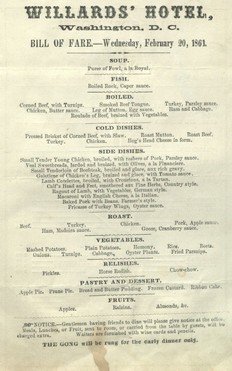 Copy of the Willard's 1861 menu