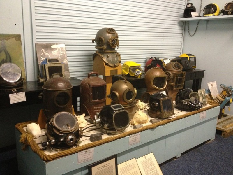 Some of the old diving masks on display