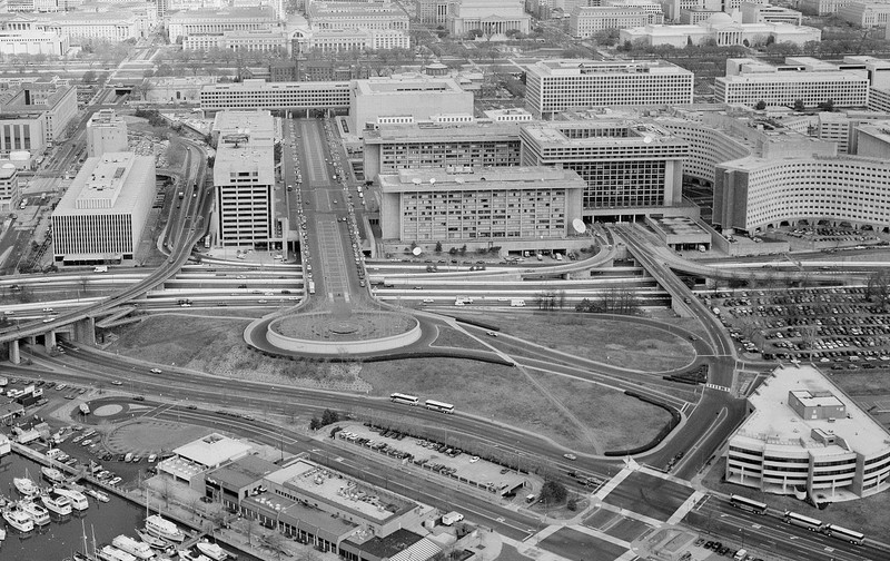 This early photo of the park places Banneker Park and Circle against the backdrop of several federal buildings, including the FAA building in the top right corner.