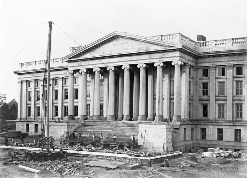 Undated photo of construction of the building's front steps