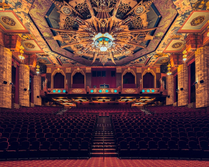 The detailed ceiling inside the theater.