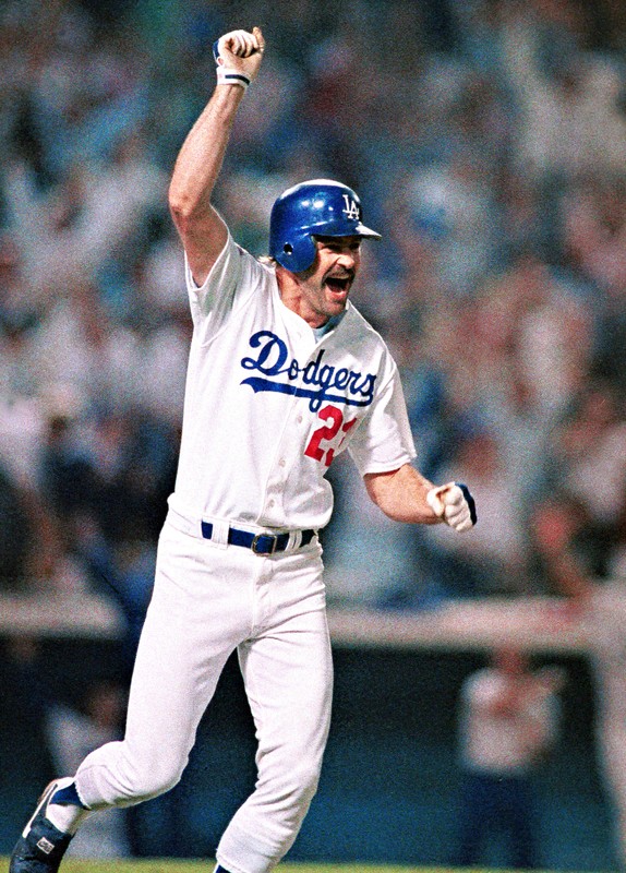 Kirk Gibson celebrating his walk-off homerun in Game One of the 1988 World Series (look at that mustache)
