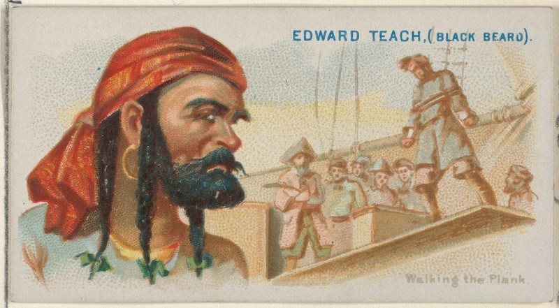 A print of Edward Teach (Black Beard), walking the plank.