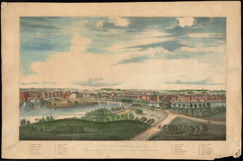 Lithograph of Lowell, ca. 1834. Notable features of the landscape, including mills, bridges, churches, and canals, are numbered and labeled.