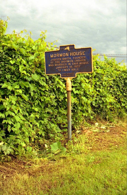 Roadside marker in town of Afton where the home of Squire Zacharia Tarble once stood. Here Joseph Smith and Emma Hale married. Emma's name is misspelled on the marker as "Emily"