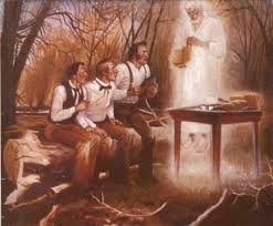 Painting depicting the Angel Moroni appearing and showing the gold plates to the Three Witnesses