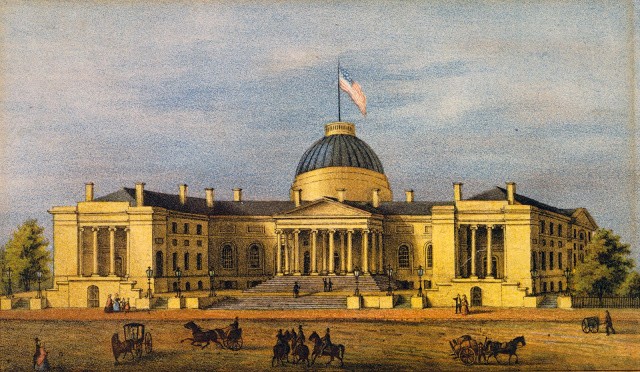 The building was originally designed to include a dome as pictured in here, but the dome was never completed. Today the building is known as Old City Hall and the District of Columbia Courthouse.