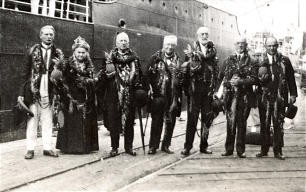 Prior to dedication, First Presidency and others arrive in Oahu. L-R: Arthur Winter, Sarah J. Cannon, Rudger Clawson, Anthony H. Lund, President Heber J. Grant, Charles W. Nibley and Stephen L. Richards.