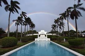 Hawaii's famous rainbows over temple