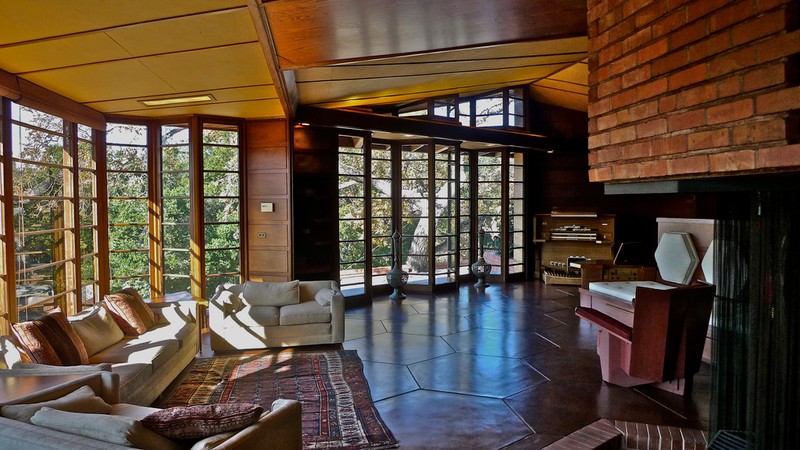 Another view of the living space within the Hanna House.  Notice the hexagonal floor pattern.  