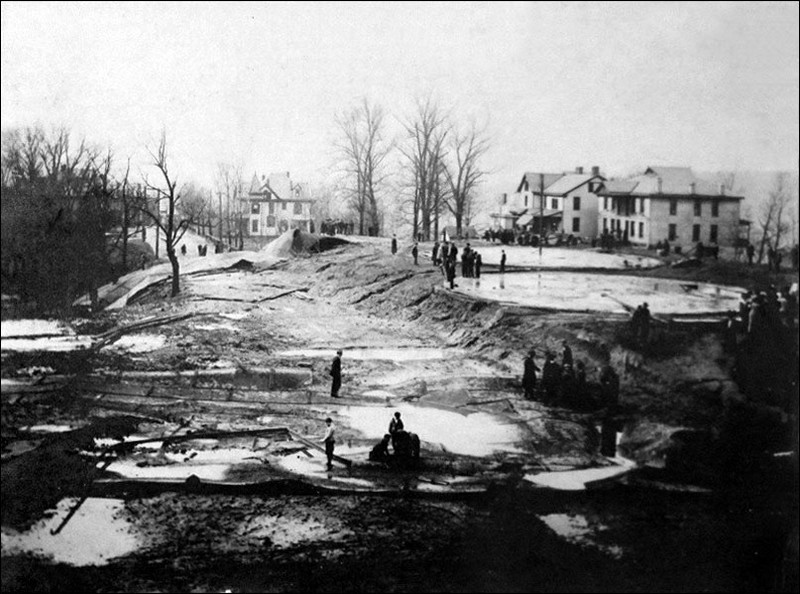 Southward View of Quincy and Shattuck Avenue and the wreckage and remains of the tanks.