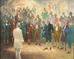 Mural depicting the visit of Eminent Men and Women to Wilford woodruff in the temple