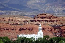 Temple with famous southern Utah red rock in background