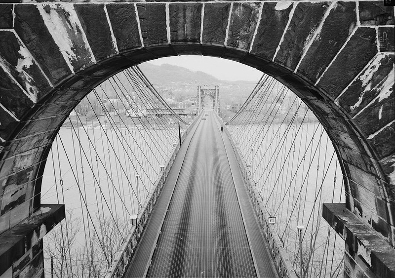 View from the Wheeling Suspension Bridge, 1977. Photo taken from City of Wheeling side, looking West toward Wheeling Island.