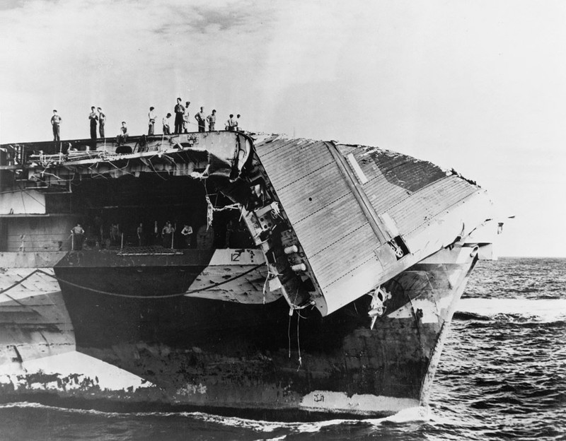 Weather did what the enemy could not--a Pacific typhoon shortly after the Battle of Okinawa severely damaged the Hornet's flight deck, forcing it to return to San Francisco for repairs. (Wikimedia)