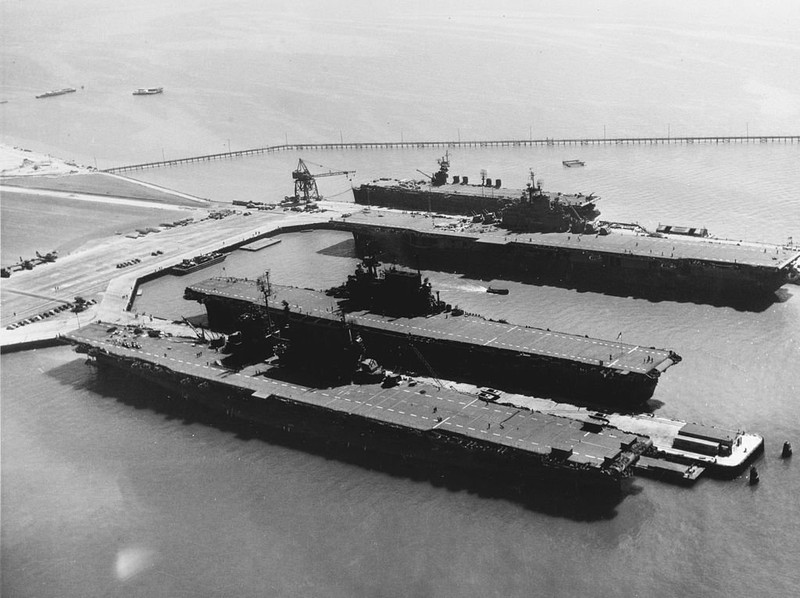 Docked near Hornet's present-day home at the Alameda Naval Air Station, front to back: USS Saratoga, Enterprise, Hornet, and San Jacinto in September 1945. The Enterprise is the same class as the previous Hornet (CV-8).