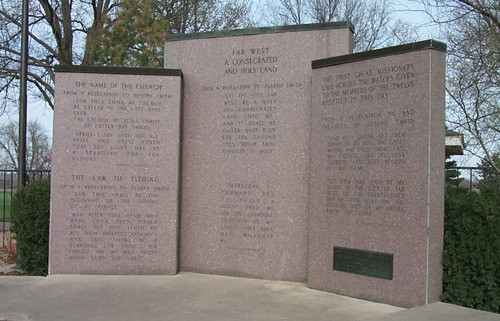 Monument with inscriptions detailing church history in Far West and temple grounds 