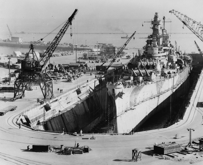 USS Iowa in drydock at Hunter's Point, 1945.