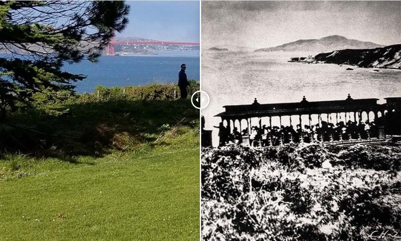 "Then and Now" comparison of the 16th fairway of the Lincoln Park Golf Course vs. the same spot during the era of Sutro's Steam Train