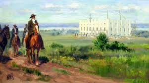 Depiction of Joseph Smith, Hryum, John Taylor and Willard Richards heading to Carthage to await court date for false charges. Last time Joseph and Hyrum saw the partially built temple