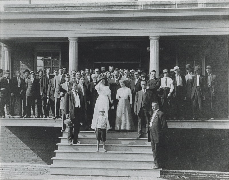 Building, steps, crowd