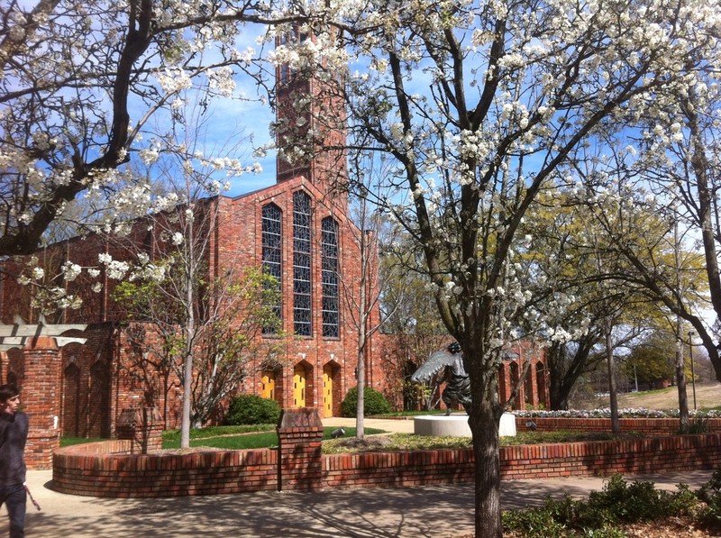 The Chapel of Memories is made of brick recovered after a fire destroyed Old Main, a building that served as the campus dormitory and administrative building.