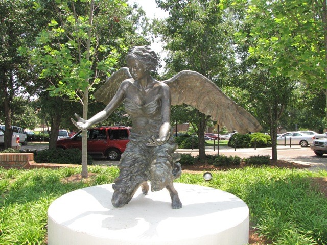 Dedicated in 2009, the Campus Angel was created by artist Rod Moorhead and is located in the front of the chapel.