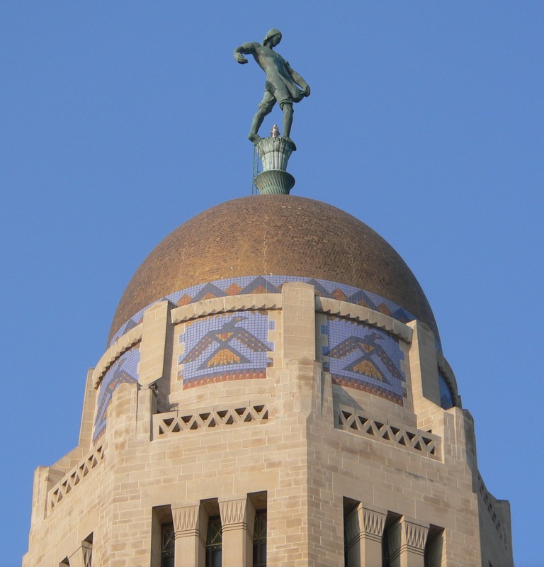 View of Nebraska State Capitol dome with statue "the Sower" in 2012 (Ammodramus)