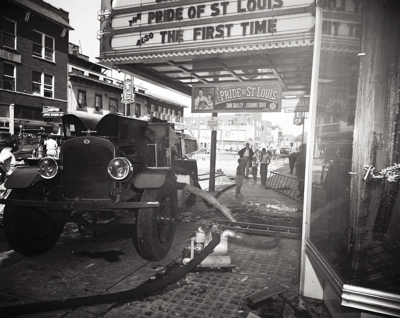 Firefighters respond to the fire at the Roxy on August 25, 1952