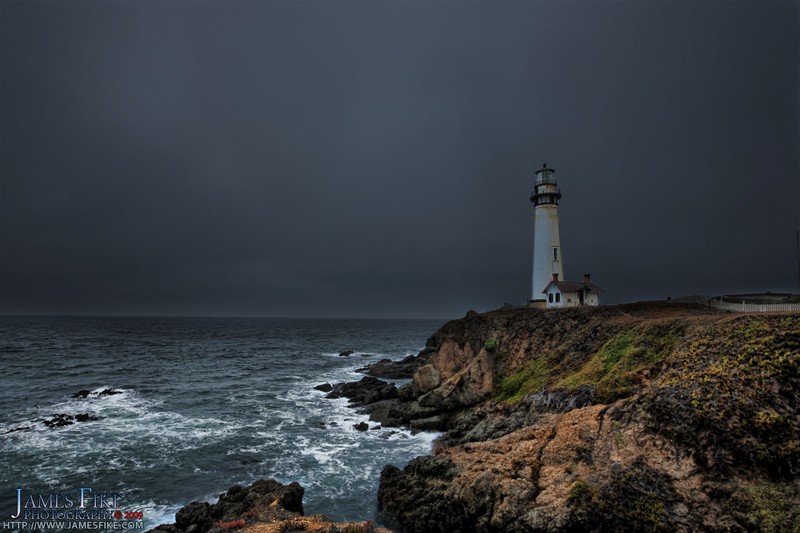A storm descends, representing troubled times for the Pigeon Point Lighthouse.  