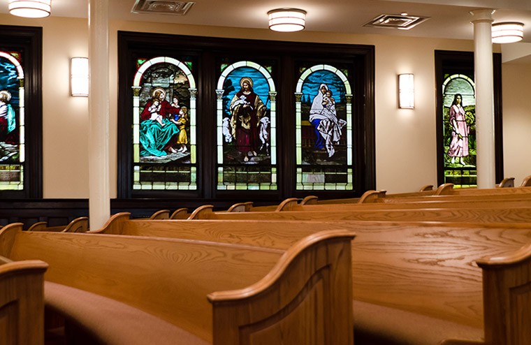 A panel of stained glass in the sanctuary