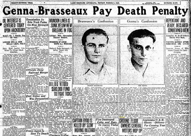 The cover of the Lake Charles American Press when Genna and Brasseaux were hanged.