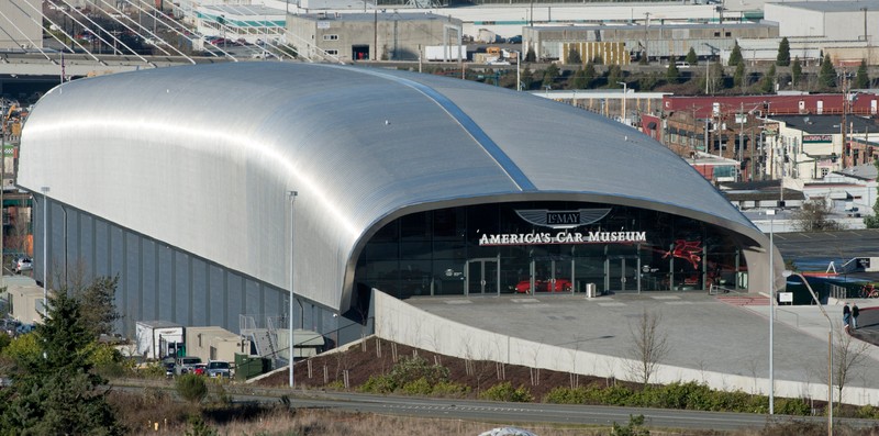 The unique design of the building that houses America's Car Museum.