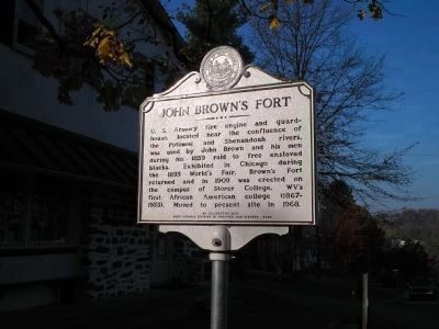 U. S. Armory fire engine and guardhouse, located near the confluence of the Potomac and Shenandoah rivers, was used by John Brown and his men during the 1859 raid to free enslaved Blacks. Exhibited in Chicago during the 1893 World’s Fair, Brown’s Fort returned and in 1909 was erected on the campus of Storer College, WV’s first African American college (1867-1955). Moved to present site in 1968.