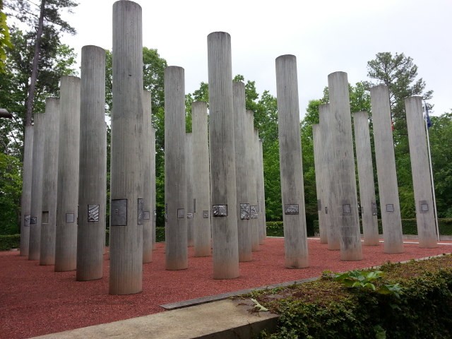 The memorial features columns bearing the names of Congressional Medal of Honor winners, as well as recollections from individual veterans.