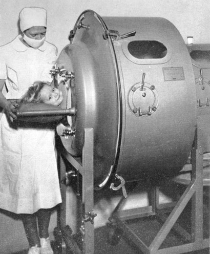 Morris Memorial Hospital owned eight iron lungs to treat its patients, including one designed for infants. This image of Morris Hospital can be found in Goldenseal Magazine.