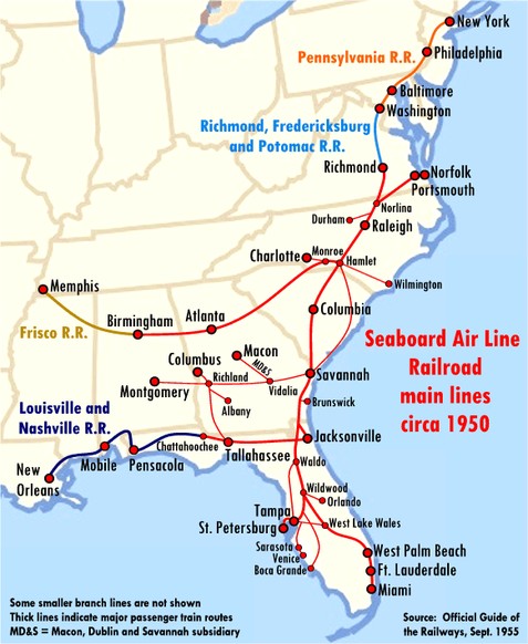 This map shows the passenger routes operated by the rail line in 1950, along with connections to major railroads in the Southwest and Northeast