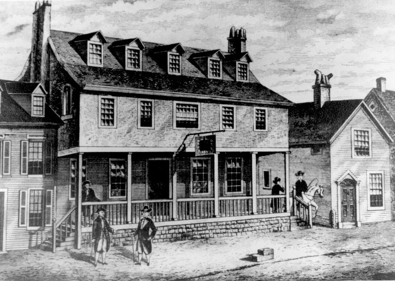 A sketch of the original tavern that stood at this location during the American Revolutionary War. This building unfortunately burned to the ground in 1781. It was the birthplace of many important organizations that still exist today. (Google Images)