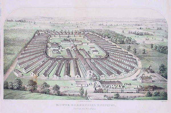 "Mower U. S. A. General Hospital, Chestnut Hill, Philadelphia” lithograph by James Queen, 1863 