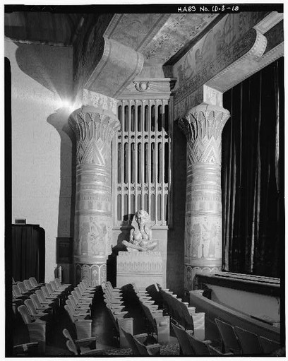 View of proscenium columns and decorations within the Ada Theatre