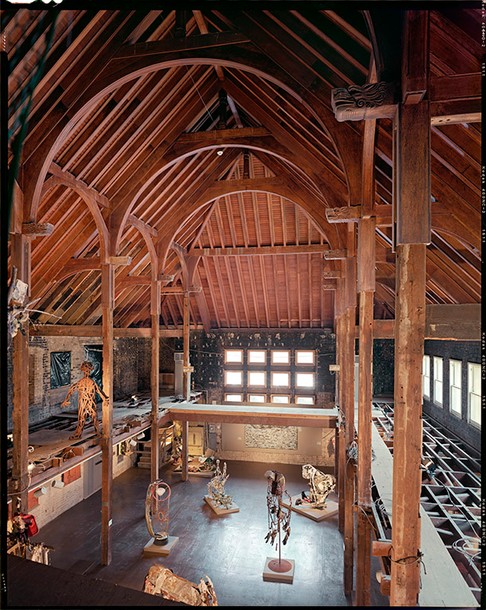 The roof soars over event space within the Patrick F. Taylor Memorial Library.  