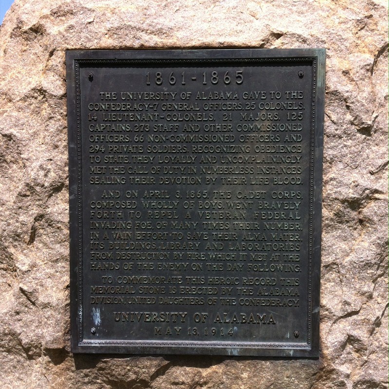 Here is a close of up the bronze plaque which is in the middle of the monument. It comforts those who fought for the confederacy and studied at UA.