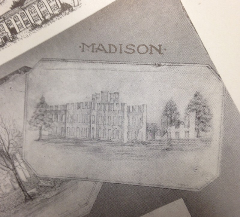 This image has been taken from the 1906 University of Alabama Corolla (W. S. Hoole Special Collections). It shows a sketching of what the ruins Madison Hall perhaps looked after federal troops burned the campus.